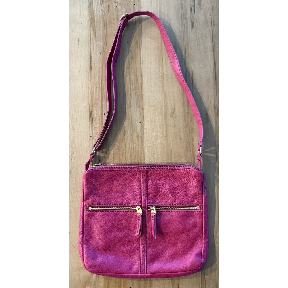 Fossil Leather Pink/Magenta Crossbody Zip Bag Purse Fuschia Adjustable strap